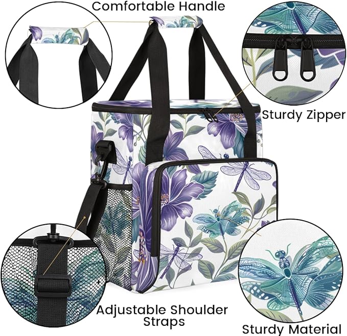 Flowers Dragonfly Coffee Maker Carrying Bag Portable Travel Storage Tote Bag Compatible with K-Mini or K-Mini Plus Single Serve Coffee Brewer Carrying Case with Multiple Pockets &amp Shoulder Strap