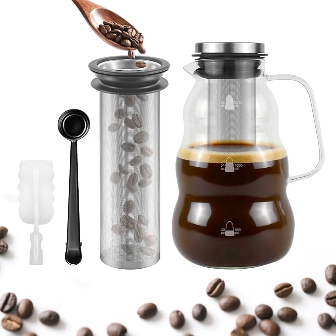 TRINIDa Cold Brew Pitcher 2000ml/67oz High Borosilicate Glass -4°F to 266°F Stainless Steel 150 Mesh Easy Clean Family Size Glass Pitcher Ideal coffee gifts Cold Brew Coffee Maker