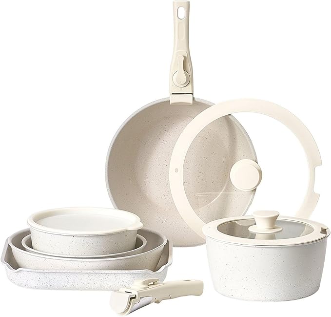 17 Piece Granite Nonstick Pots And Pans Set Induction Compatible Kitchen Cookware White