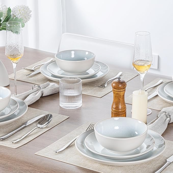 Plates and Bowls Sets for 4 - CJDC-QUELO 16-Piece Stoneware Dinnerware Sets Ceramic Dishware Set for Kitchen Use and Formal Dining Chip and Scratch Resistant Microwave Dishwasher Safe Off White