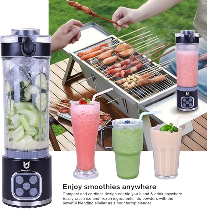 UTALENT Cordless Portable Blender 25 oz removable Vessel Powerful Personal Blender For-Smoothies Ice Crush 4 Programs Leakproof-Lid &amp Sip Spout USB-C Rechargeable Dishwasher Safe Parts Bl