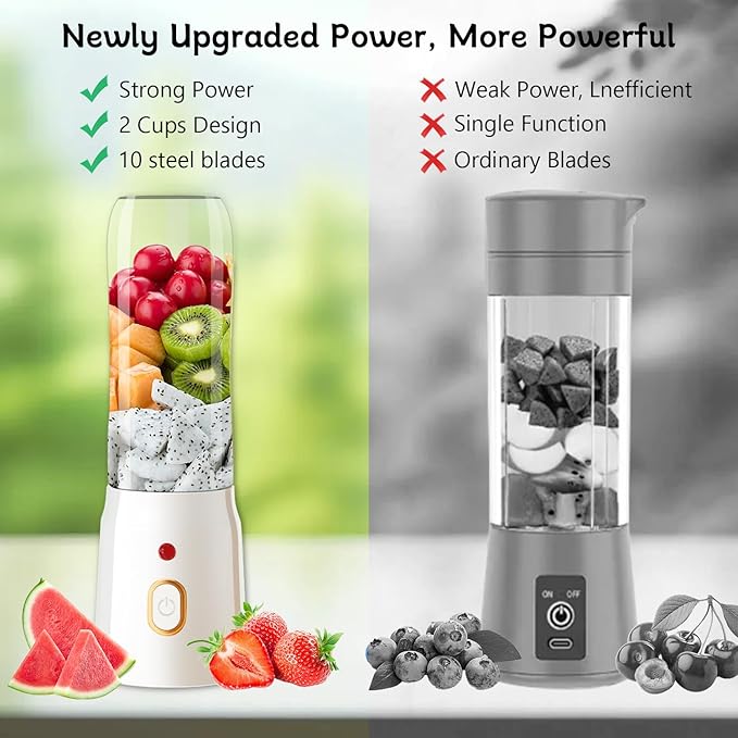 Personal Size Blender for Shakes and Smoothies15.6 oz Portable Blender with 10 BladesRechargeable Mixers Fresh Fruit JuicersMultifunctional Blender with 2 cupsFor TravelSportsOuting 01-white