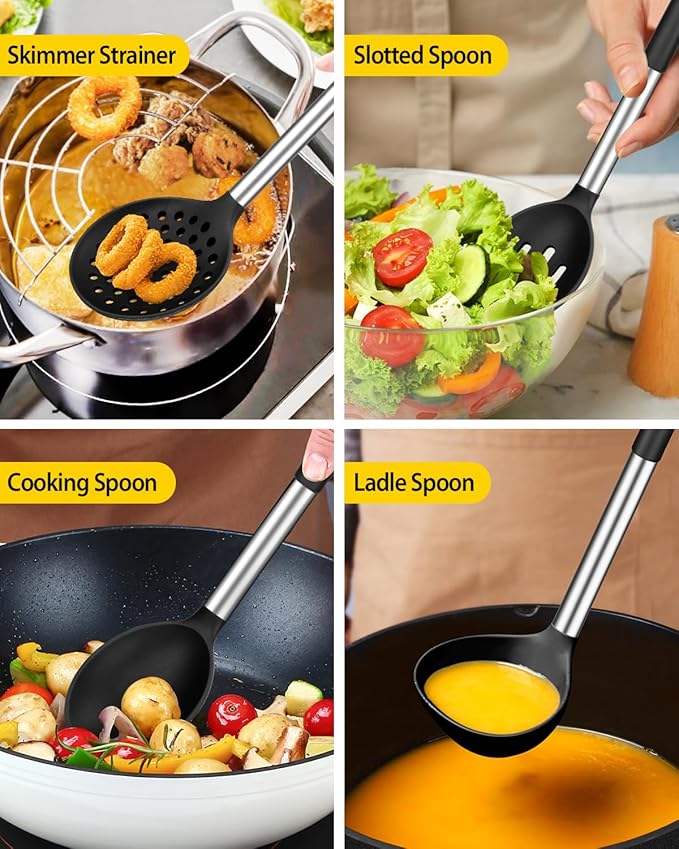 Silicone Cooking Utensil Set 8Pcs Non-stick Cookware with Stainless Steel Handle BPA Free Heat Resistant Kitchen Tools with Spatulas Turners Spoons Skimmer and Pasta Fork