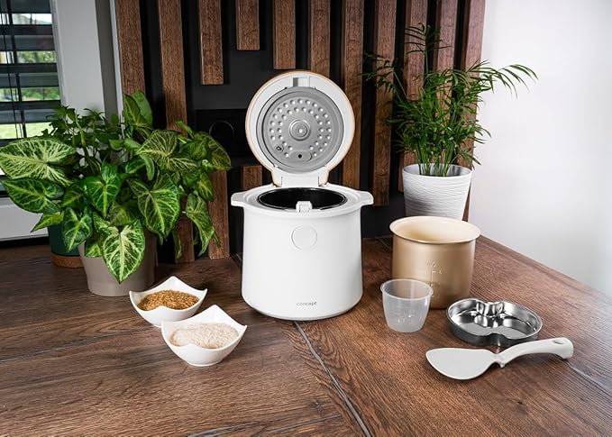 Concept RE3030 Multifunctional Rice Cook Cooker 1.5L | 9 Programs | LED Touch Screen - Heat Keeping Function and Integrated Timer | Healthy Steam Cooking | Wood White