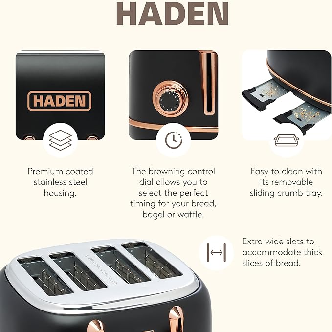 Haden Heritage 4 Slice Wide Slot Stainless Steel Toaster Bundled with 1.7 Liter Stainless Steel Electric Water Kettle Black &amp Copper