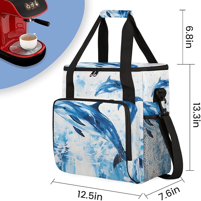 Dolphin Coffee Maker Carrying Bag Watercolor Dolphin Travel Storage Bag Compatible with K-Mini or K-Mini Plus Single Serve Coffee Brewer Carrying Case with Multiple Pockets &amp Shoulder Strap