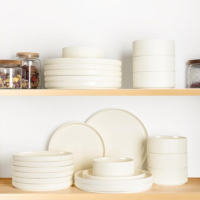 TheTerra Ceramic Dinnerware Sets for 8 24 Pieces Porcelain Lightweight Plates and Bowls Sets Scratch Resistant Dish Set Oven &amp Microwave &amp Dishwasher Safe Beige
