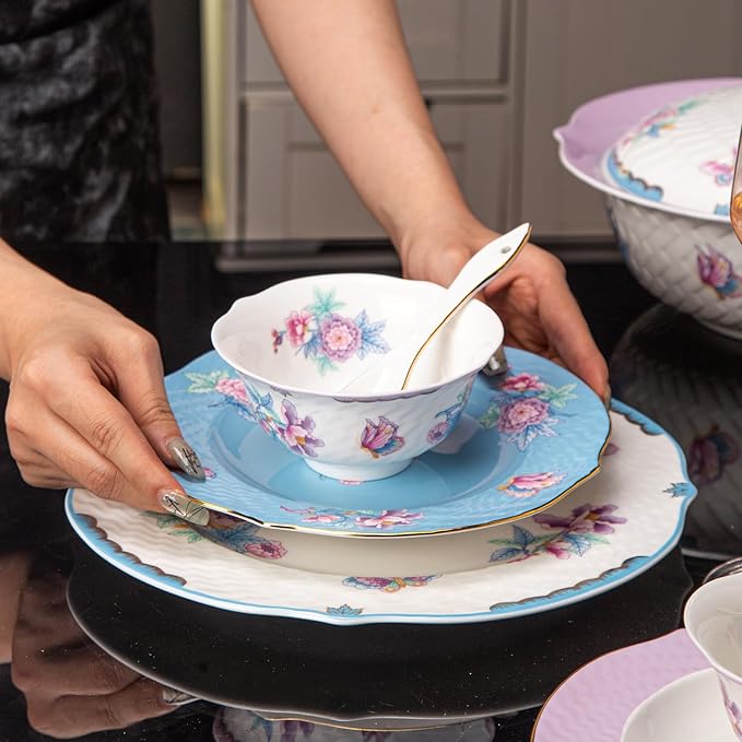 Bone China Dinnerware Set 12-Piece Vintage Floral Butterfly Plates and Bowls Set for 4 Fine Porcelain with Gold Trim Dishwasher Safe Complete Tableware Set