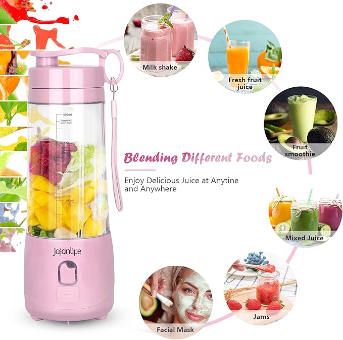 Portable Blender Personal Size Blender for Shakes and Smoothies 4000mAh Rechargeable Mini Travel Blender with 3D Six Blades 13.5Oz Fruit Mixer Cup for Home Sports Outdoor (Pink)