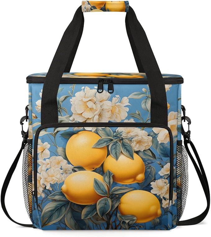 Lemon Flower Coffee Maker Travel Bag for Keurig K-Mini/K-Mini Plus Insulated Waterproof Tote with Pockets for K-Cup Portable Single-Serve Brewer Case