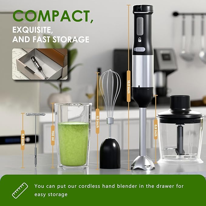 Cordless Immersion Hand Blender 5-in-1 Variable Speed blender handheldRechargeable with 2000mAh Battery BPA-Free &amp Dishwasher-Safe Accessories:700ml BeakerChopperWhisk &amp Milk FrotherInk