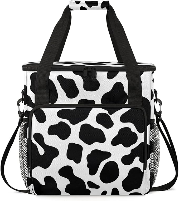 Cow Pattern Coffee Maker Travel Bag for Keurig K-Mini/K-Mini Plus Insulated Waterproof Tote with Pockets for K-Cup Portable Single-Serve Brewer Case