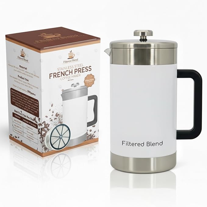 1.6L French Press Coffee Maker 54oz Large Capacity French Press Stainless Steel Brewer with Double Filter Mesh for Kitchen Travel Camping Hot &amp Cold Brew Coffee Maker Gifts (White)