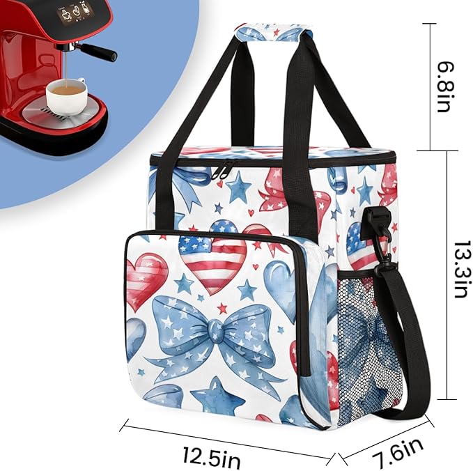 4th of JulyStars Bow Coffee Maker Carrying Bag Portable Travel Storage Tote Bag Compatible with K-Mini or K-Mini Plus Single Serve Coffee Brewer Carrying Case with Multiple Pockets &amp Shoulder S