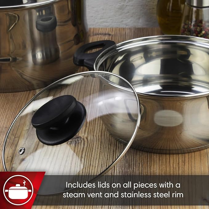 MAGEFESA Deliss 7-Piece Stainless Steel Cookware Set – Includes 2 Stockpots Saucepan &amp Deep Sauté Pan – Induction Compatible All Stovetops Dishwasher Safe