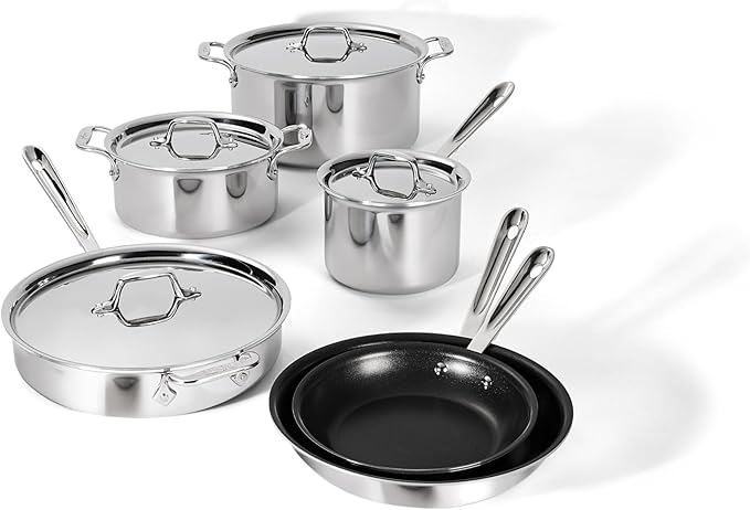 All-Clad D3 3 Ply Stainless Steel Nonstick Bonded Cookware Set 10 Piece Oven Broiler Safe 600F Kitchen Cooking Set w/Frying Pan Sauce Pan Saute Pan Stockpot Professional Pots &amp Pans Set Silv