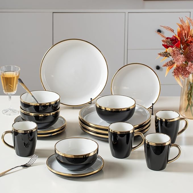 Stoneware Tableware Set for 4 Ceramic Dinnerware Sets with Gold Trim Including 10.5 Dinner Plates 7.75 Dessert Plates 6 Dinner Plates and 14oz Coffee Cups Porcelain (Black Glod)