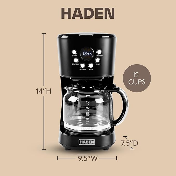 Haden Coffee Machine 12 Cup Programmable Drip Coffee Maker with Auto Shut-Off Function and Reusable Washable Water Filter Black &amp Chrome