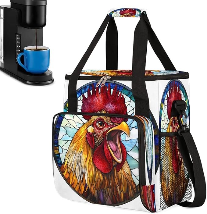 Funny Rooster Glass Painting Coffee Maker Carring Bag Travel Carrying Storage Tote Bag Compatible with Keurig K-Mini or K-Mini Plus Portable Single Serve Coffee Brewer Case with Pockets