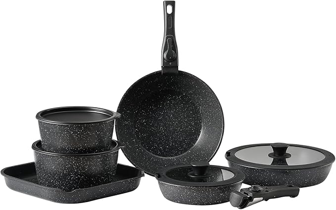 VEVOR 17 Piece Pots and Pans Set Granite Nonstick Detachable Handle Cookware Space Saving Induction Cookwares Kitchen RV Cooking Sets with Frying Sauce Saute Tempered Glass Lid Oven Safe Black