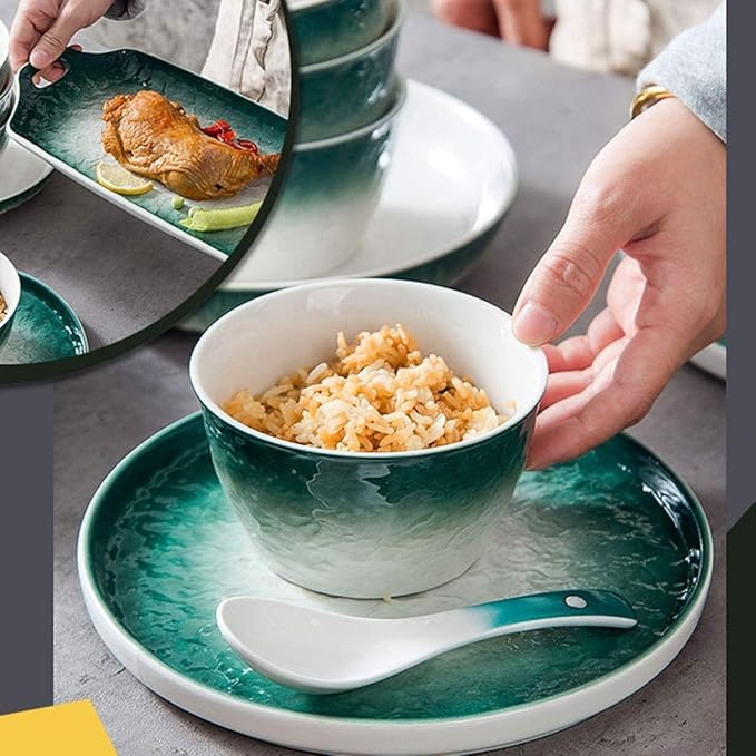 Dinnerware Set Dinner Party Tableware Service Set 51pcs of Nordic Bone China Dinner Bowl Set Porcelain Bowl and Plate White Green Stone Texture High-end Ceramic Bowl and