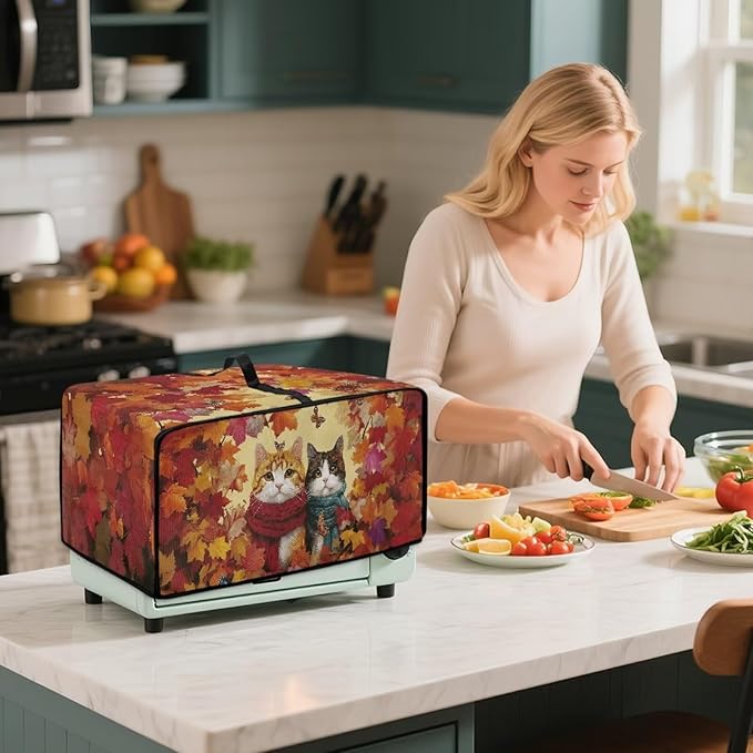 Doojoayie Cute Cat Toaster Cover 6 Slice Dust-Proof Toaster Oven Cover Stain Resistant Bread Machine Covers with Autumn Leaf Print Thanksgiving Home Kitchen Decoration