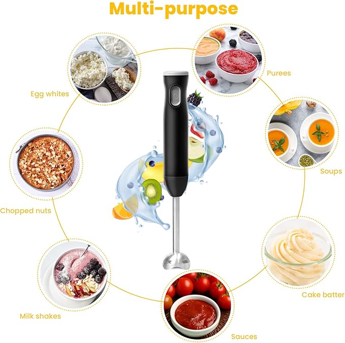 Cordless Immersion Blender with Egg Whisk and Chopper Rechargeable Turbo Mode Hand Mixer 2-in-1 Heavy Duty Portable Handheld Blender for Milkshakes Smoothies Soup Baby Food (Blue)