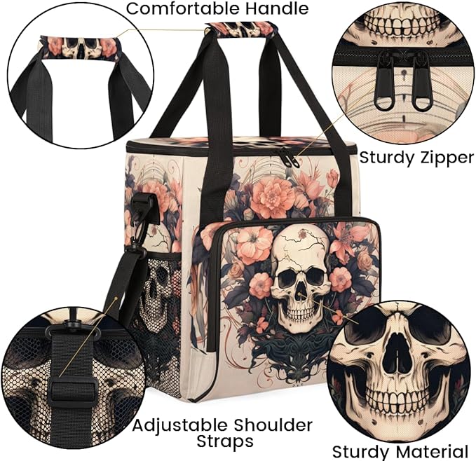 Skull Flowers Coffee Maker Carrying Bag Portable Travel Storage Tote Bag Compatible with K-Mini or K-Mini Plus Single Serve Coffee Brewer Carrying Case with Multiple Pockets &amp Shoulder Strap