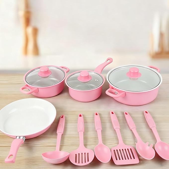 Cast Iron Pots and Pans Set 13Pcs Non Stick Cute Cookware Set Includes Lids Induction Cookware with Comfort Handle PFOA Free| Pan