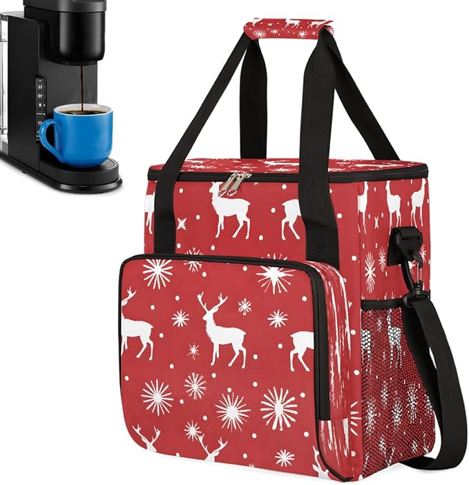Christmas (751) Coffee Maker Carring Bag Travel Carrying Storage Tote Bag Compatible with Keurig K-Mini or K-Mini Plus Portable Single Serve Coffee Brewer Case with Pockets for K-cup Pods