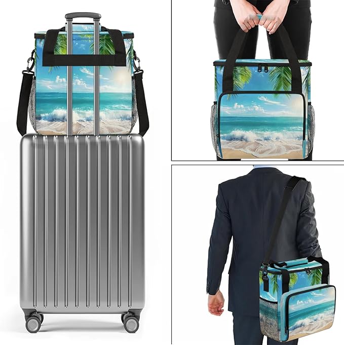 Palm Tree Coastal Beach Travel Coffee Maker Carrying Bag Large Organizer Storage Tote Bag Insulated Reusable Cooler Grocery Bags
