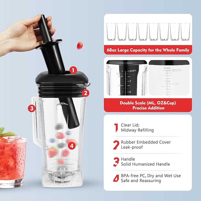 Professional Smoothie Blender 2200W Electric Blender with 6-edge Blade 68oz BPA Free Jar Small Smoothie Blender with Low Noise for Milkshakes Smoothies Sauces Fresh Juices