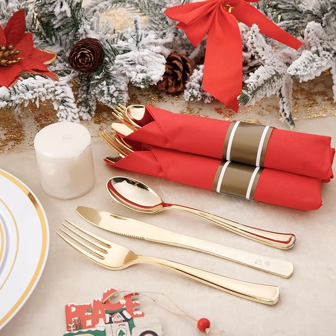 Nervure 400PCS Pre Rolled Gold Plastic Silverware Sets - Heavy Duty Gold Cutlery - Include 100 Pack Wrapped Disposable Utensils with Red Napkins for Christmas &amp Party &amp Wedding