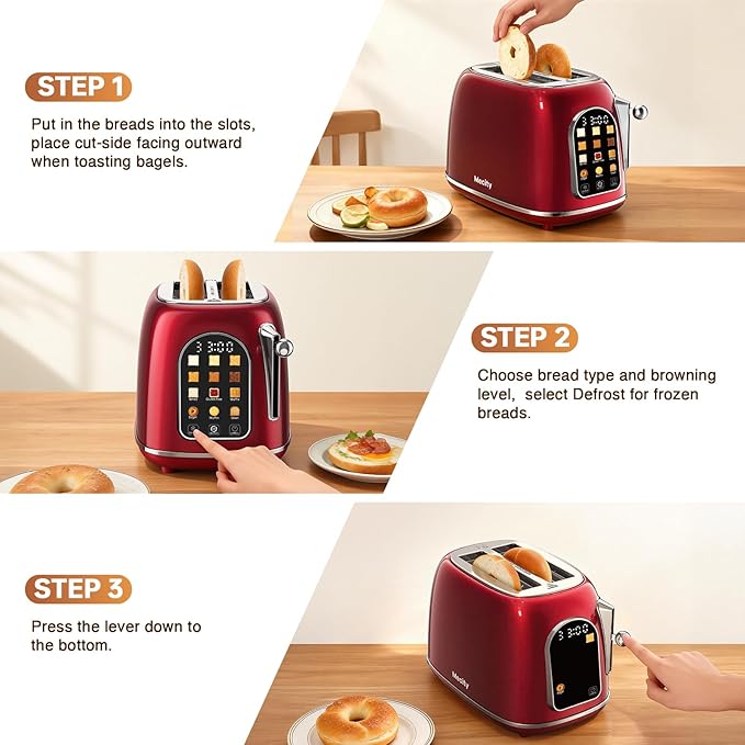 Mecity Toaster 2 Slice Touch Screen Wide Slot Retro Toaster For Breads Bagel Muffin Waffle House Warming Gift New Home 120V 825W Red Pearl