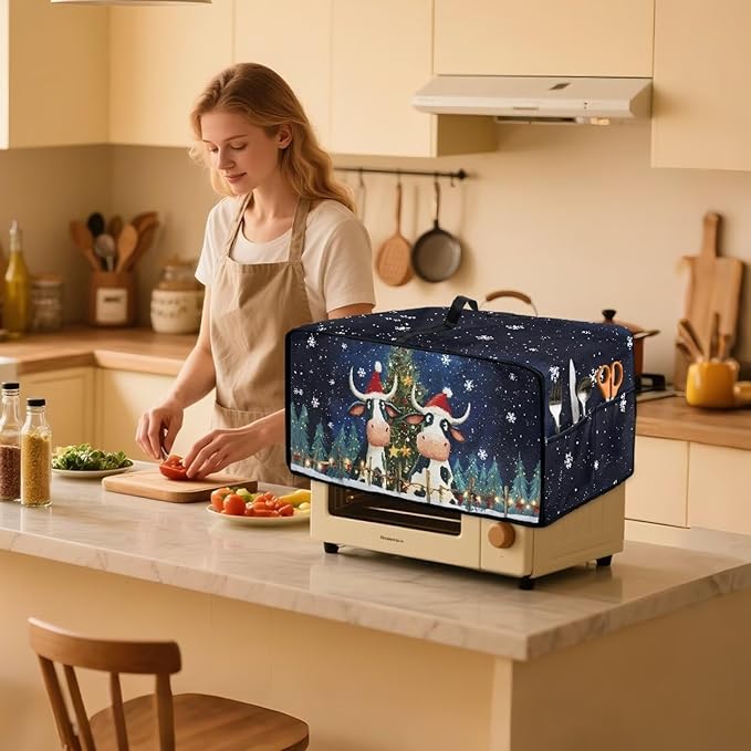 Doojoayie Christmas Cow Toaster Cover 4 Slice Dust-Proof Toaster Oven Cover Stain Resistant Bread Machine Covers Christmas Home Kitchen Decoration