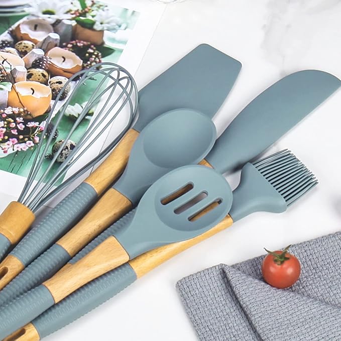 Silicone Cookware6 Piece Silicone Cutlery Set Wooden Handle Cookware Set Suitable for Home Restaurant Kitchen Gadgets