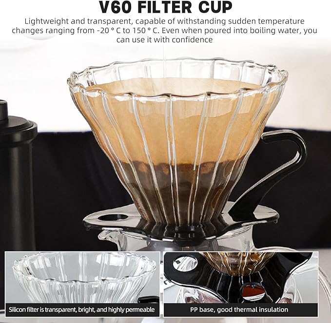 Pour Over Coffee Maker Set Manual Grinder Gooseneck Kettle with Thermometer Dripper Glass Carafe Filters Brush &amp Scoop Complete Hand Brew Coffee Gifts Kit for Coffee Lovers