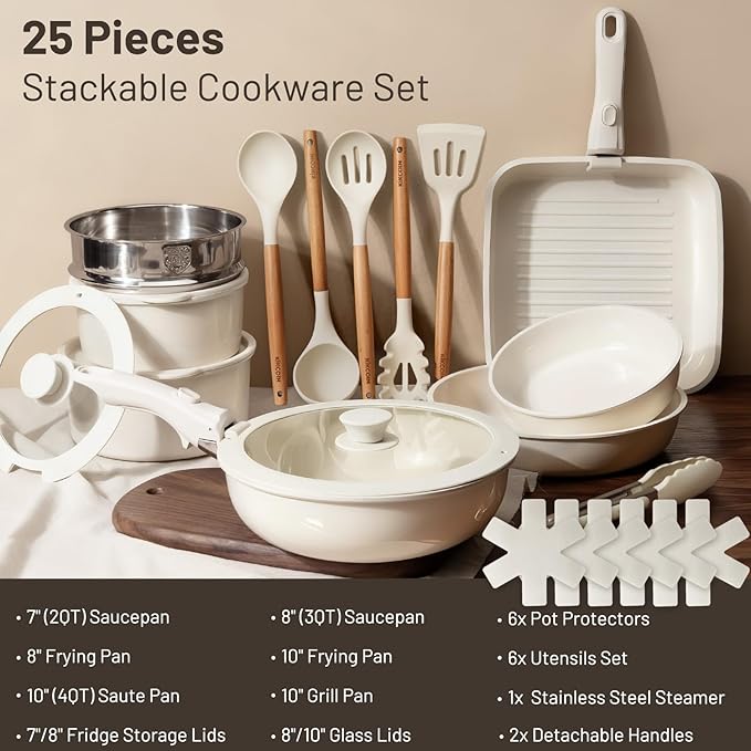 KIKCOIN Ceramic Cookware Set Non Stick Pots and Pans Set with Detachable Handle - 25 Pack Stackable Cooking Set for RV Kitchen - Induction Ready - Dishwasher and Oven Safe
