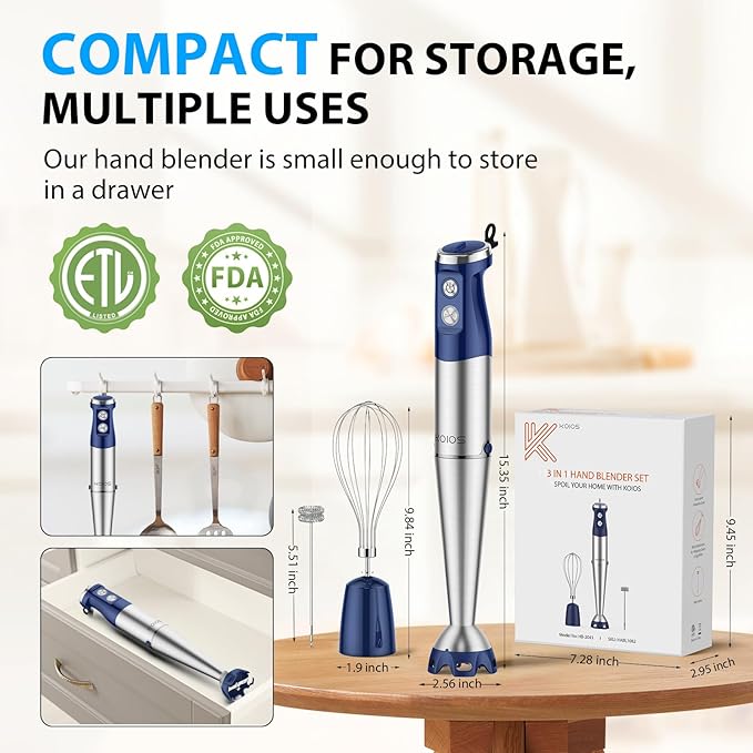 KOIOS Immersion Blender 1000W Anti-scratch 3-in-1 Hand Blender Upgraded 12 Speed Stainless Steel Blade Stick Blender with Turbo Mode Whisk and Milk Frother Non-BPA Blue