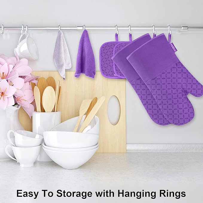 KEGOUU Oven Mitts and Pot Holders 6pcs Set Kitchen Oven Glove High Heat Resistant 500 Degree Extra Long Oven Mitts and Potholder with Non-Slip Silicone Surface for Cooking (Purple)