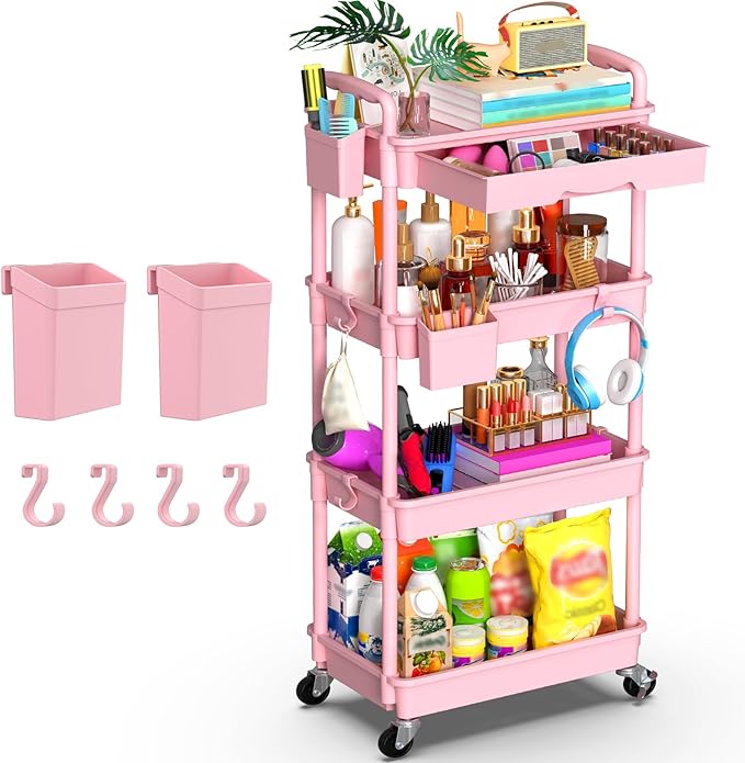 Goovilla 4 Tier Rolling Utility Cart Organizer with Removable Drawer Stable and Sturdy Pink Rolling Storage Carts with 2 Lockable Wheels for Bathroom Kitchen Snack Craft Makeup Baby Essentials
