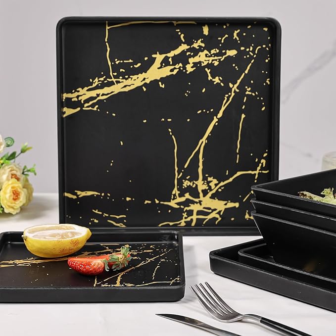 Melamine Dinnerware Sets - 12pcs Square Plates and Bowls Sets For 4 Indoor Outdoor Use Dishwasher Safe Black &amp Gold
