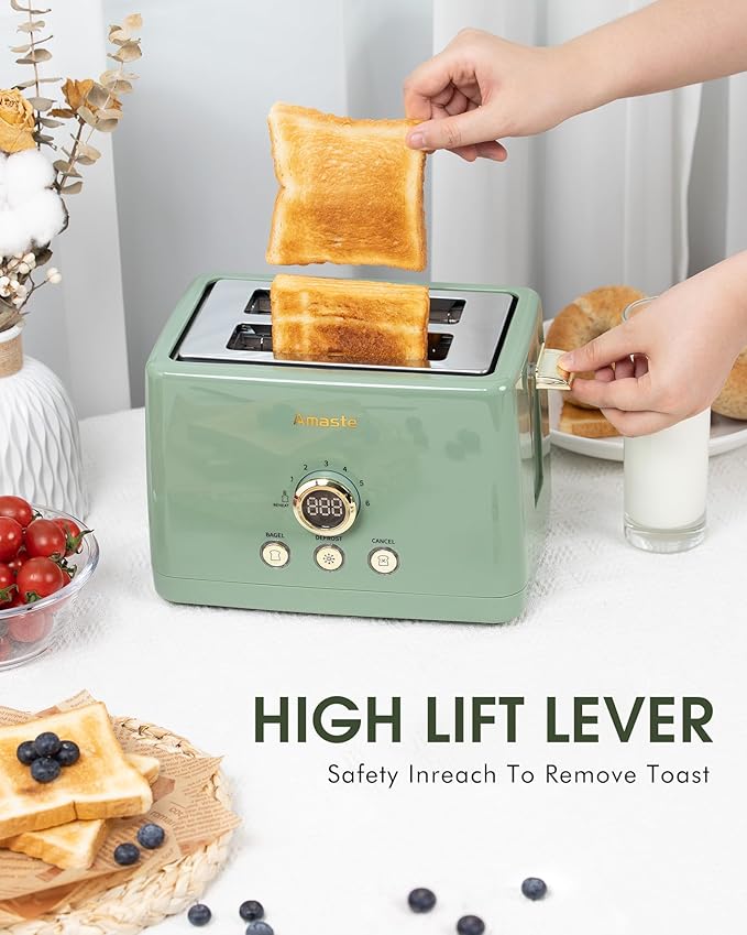 2 Slice Toaster Retro Bread Toaster with LED Display Extra Wide Slots Toasters with 6 Bread Shade Settings Bagel Cancel Defrost Function Stainless Steel with High Lift Lever Removal Crumb Tray