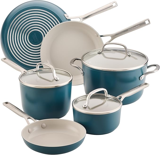 KitchenAid Hard Anodized Ceramic Induction Nonstick Pots and Pans Set with Saucepans Frying Pans Stockpot and Lids Dishwasher Safe 9 Piece Cookware Set with Stainless Steel Handles - Agave Blue