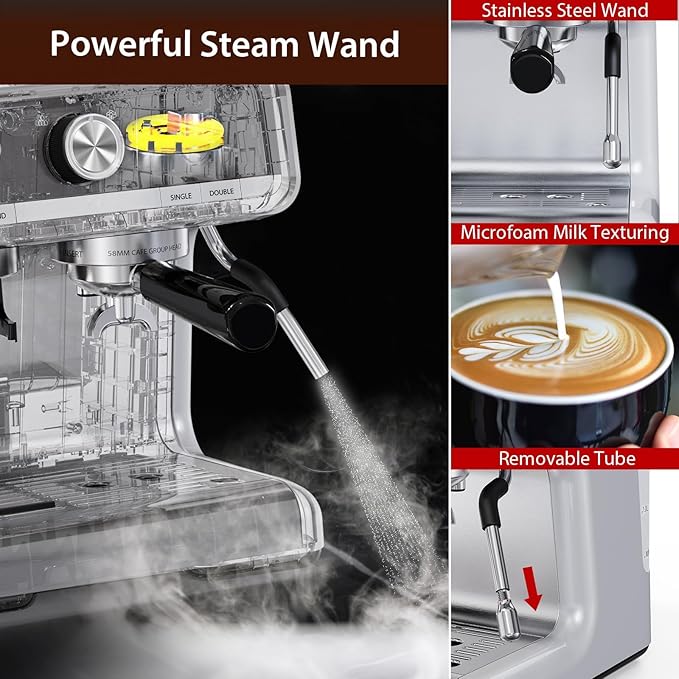 10 Cup Coffee Maker with Adjustable Coarseness Grinder 20 Bar Coffee Maker with Milk Frother Steam Wand 95 Ounces Water Tank Coffee Machine for Latte Cappuccino 2 Cups at Once Silver