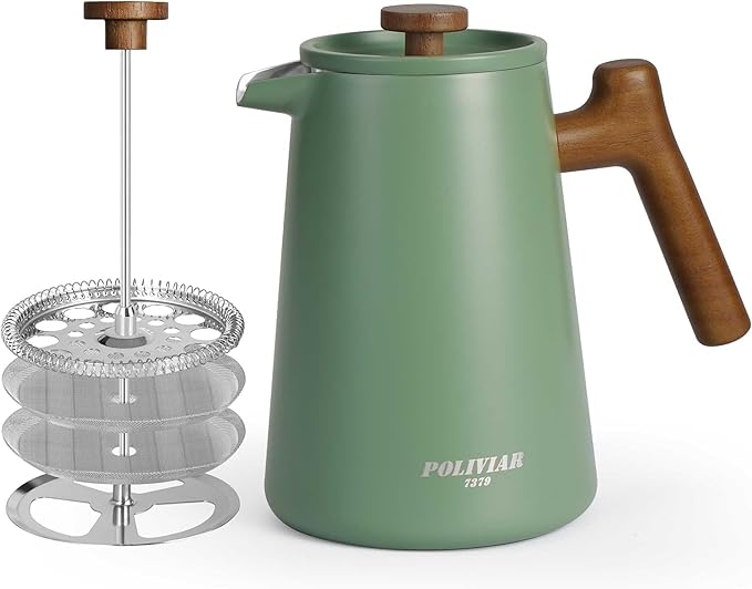 POLIVIAR French Press Coffee Maker 34 oz Coffee Press with Real Wood Handle Double Wall Insulation &amp Dual-Filter Screen Food Grade Stainless Steel for Good Coffe and Tea JX2025-XFPN