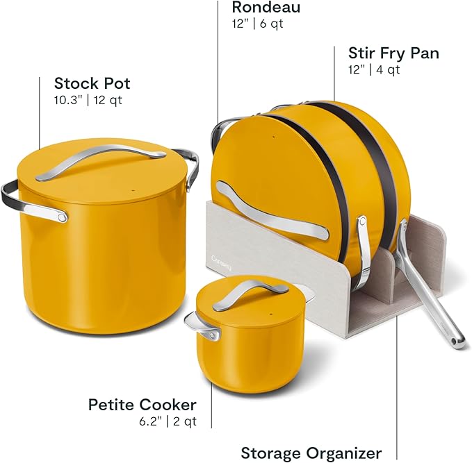 Caraway Cookware+ Collection - Specialty Cookware Set - Petite Cooker Stir Fry Pan Rondeau &amp Stock Pot - 3 Lids &amp Storage Organizer Included - Marigold