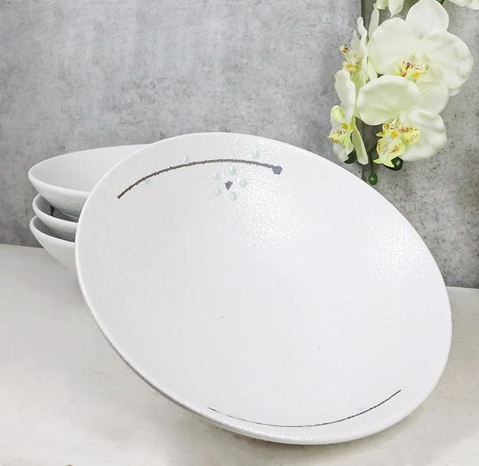 Ebros Gift Modern Yukino Hana Snow Flowers Ceramic Dinnerware Serveware Kitchenware Set Oriental Asian Restaurant Supply (Pack Of 4 Large Ramen Soup Dinner Bowl 36oz)