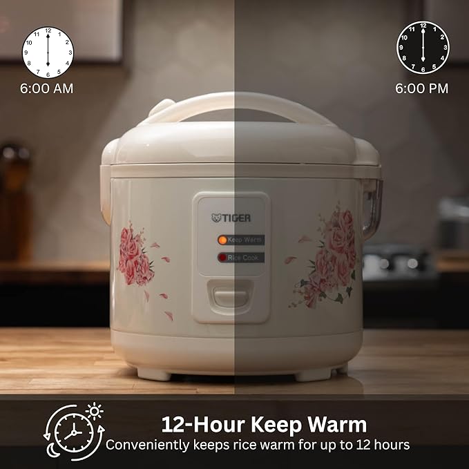 Tiger JAZ-A10U-LF 5.5 Cup Capacity White Rice Cooker with Non-Stick Inner Pot Retractable Power Cord and Keep Warm up to 12 hours (Flower)