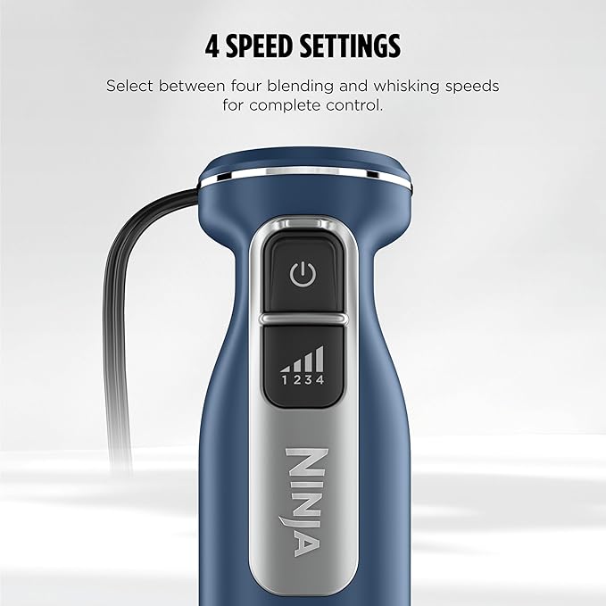 Ninja Immersion Blender and Whisk Hand Stick Blender 4 Speeds with SplatterShield and PanProtect 4-Cup Blending Vessel Dishwasher Safe 5-ft Cord Ergonomic Deep Navy CI201ND